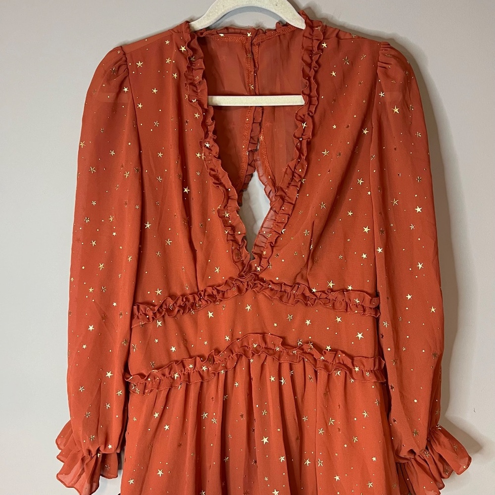Burnt Orange & Gold Star Print Layered Open Back Dress Whimsical Celestial - Picture 4 of 7